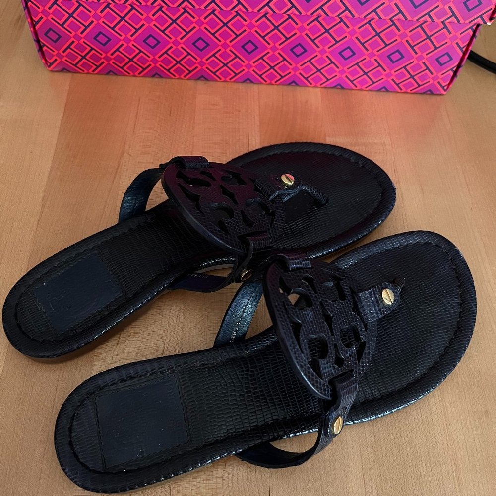 Tory Burch Textured Miller Sandals Navy Blue Size 6